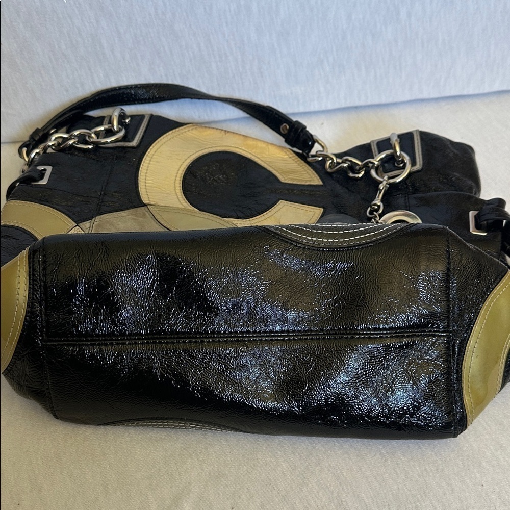 Coach Vintage “C” Signature Inlaid Black Gray Gold Patent Leather Peyton Tote - Picture 10 of 16